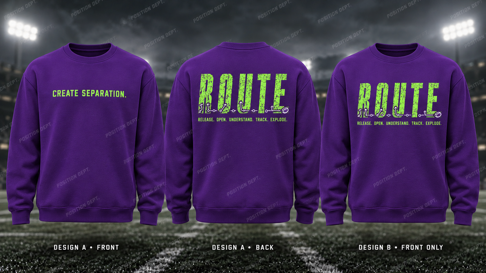 Position Dept. R.O.U.T.E. football crewneck in Purple / Lime Green. Design A slogan front and graphic back; Design B graphic front only with blank back.