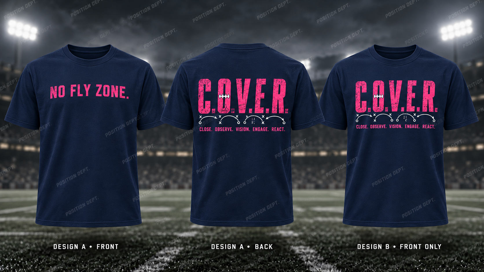 C.O.V.E.R. football T-shirt in Navy / Hot Pink. Design A slogan front and graphic back; Design B graphic front, blank back. Position Dept.
