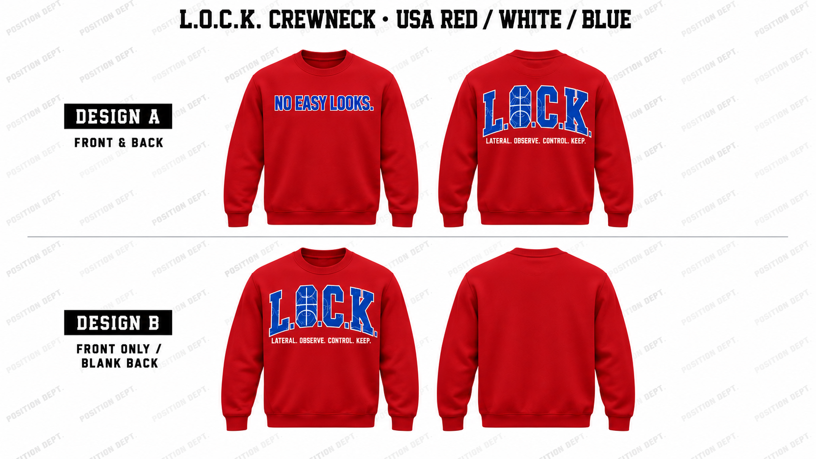Position Dept. L.O.C.K. basketball crewneck in USA Red / White / Blue, Design A front and back and Design B front-only with blank back.