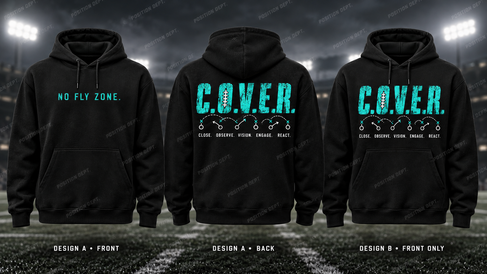 C.O.V.E.R. football hoodie in Black / Teal, showing Design A slogan front and letter back, plus Design B front-only artwork.