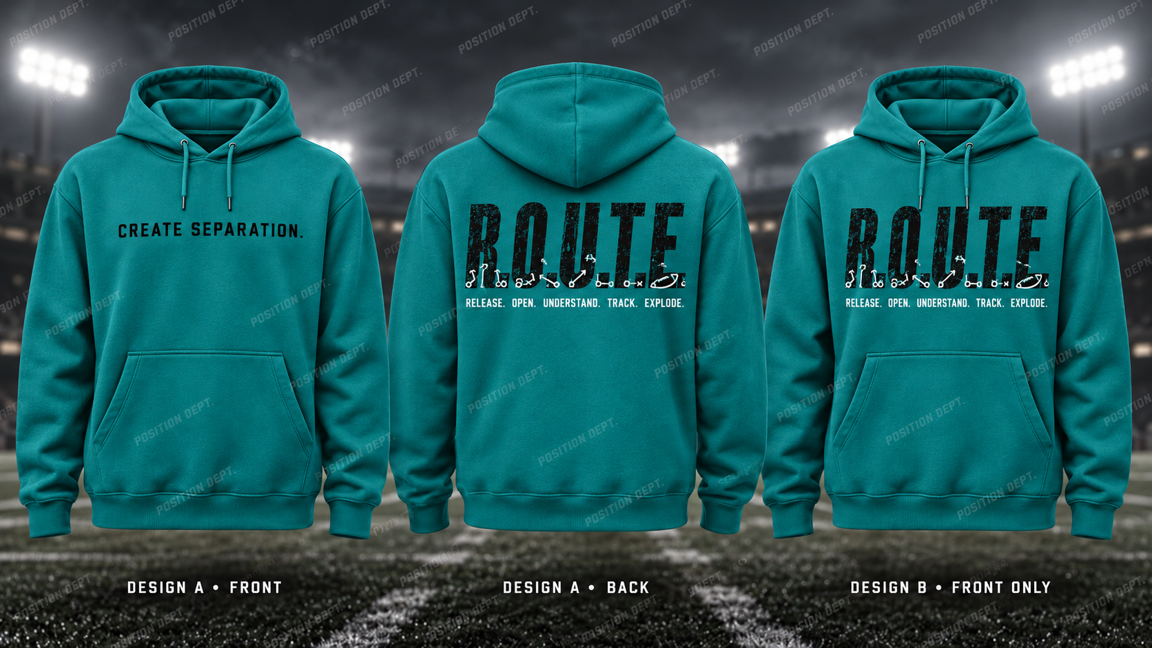 R.O.U.T.E. football hoodie in Teal / Black, showing Design A slogan front and letter back, plus Design B front-only artwork.