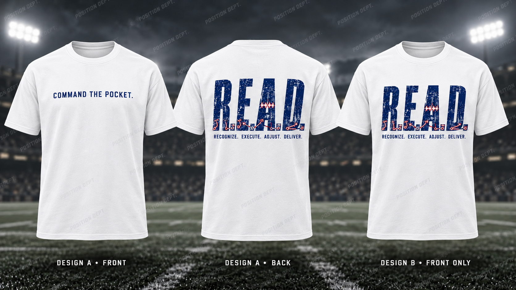 Position Dept. R.E.A.D. football T-shirt in USA Red / White / Blue. Design A slogan front and graphic back; Design B graphic front only with blank back.