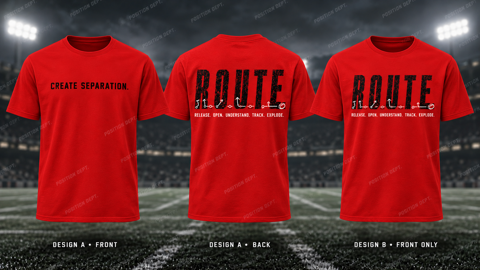R.O.U.T.E. football T-shirt, Red / Black. Design A slogan front and graphic back; Design B graphic front with blank back. Position Dept.