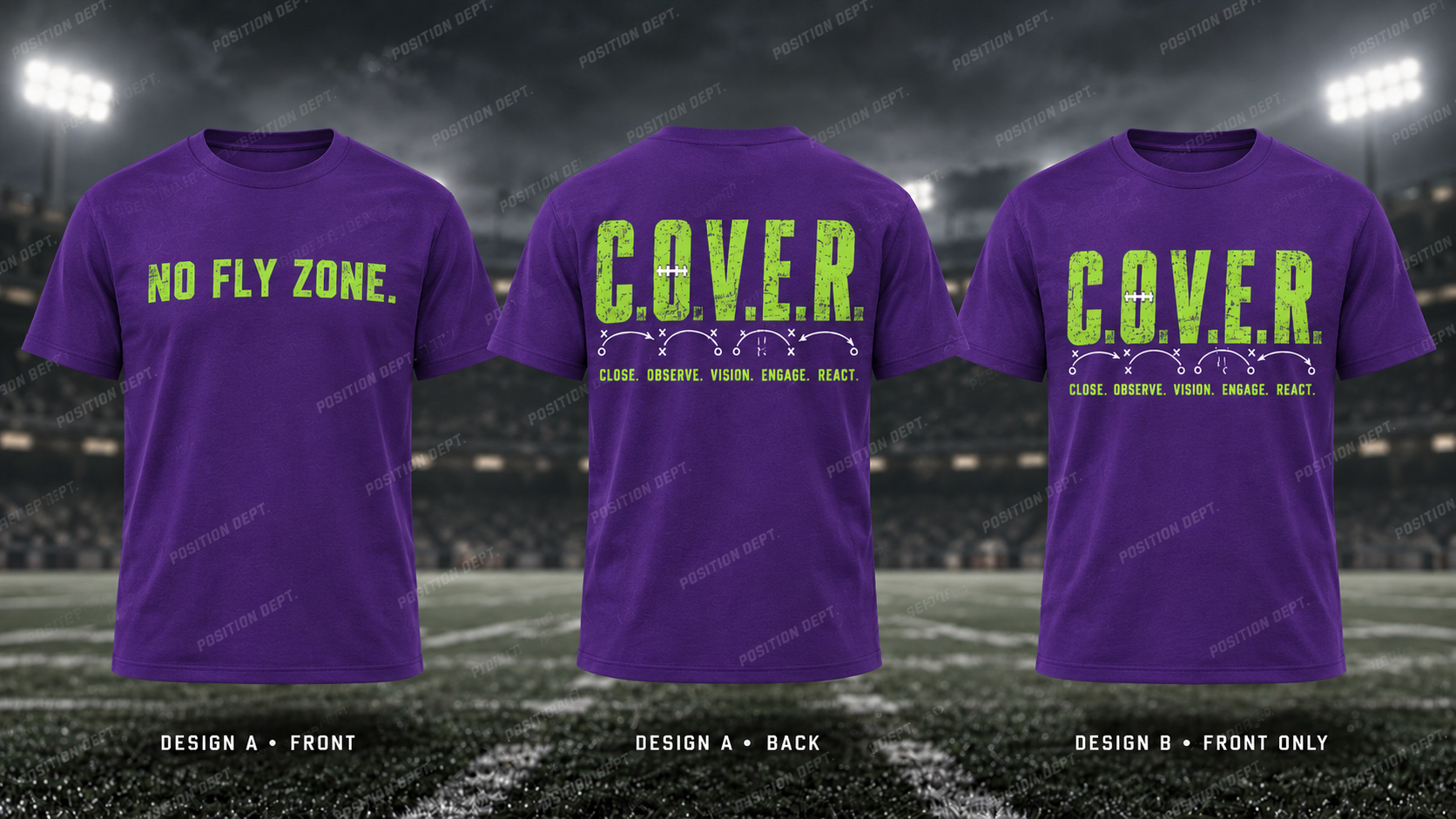 C.O.V.E.R. football T-shirt in Purple / Lime Green. Design A slogan front and graphic back; Design B graphic front, blank back. Position Dept.