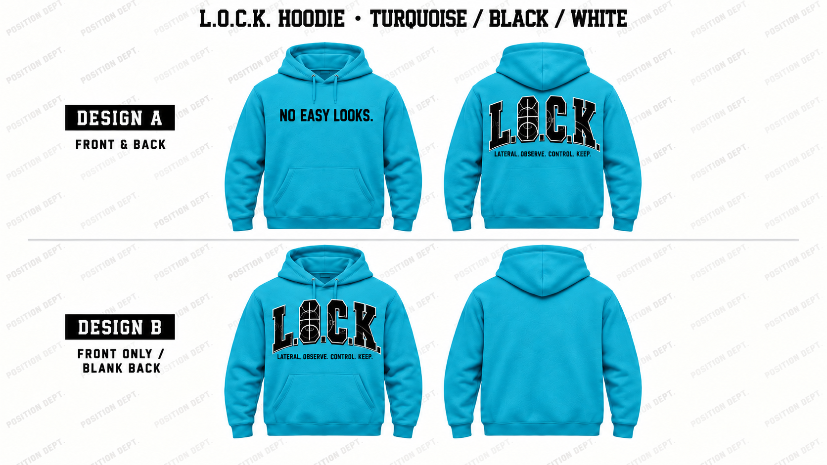 Position Dept. L.O.C.K. basketball hoodie in Turquoise / Black / White, showing Front & Back and Front Only designs with basketball court lettering.