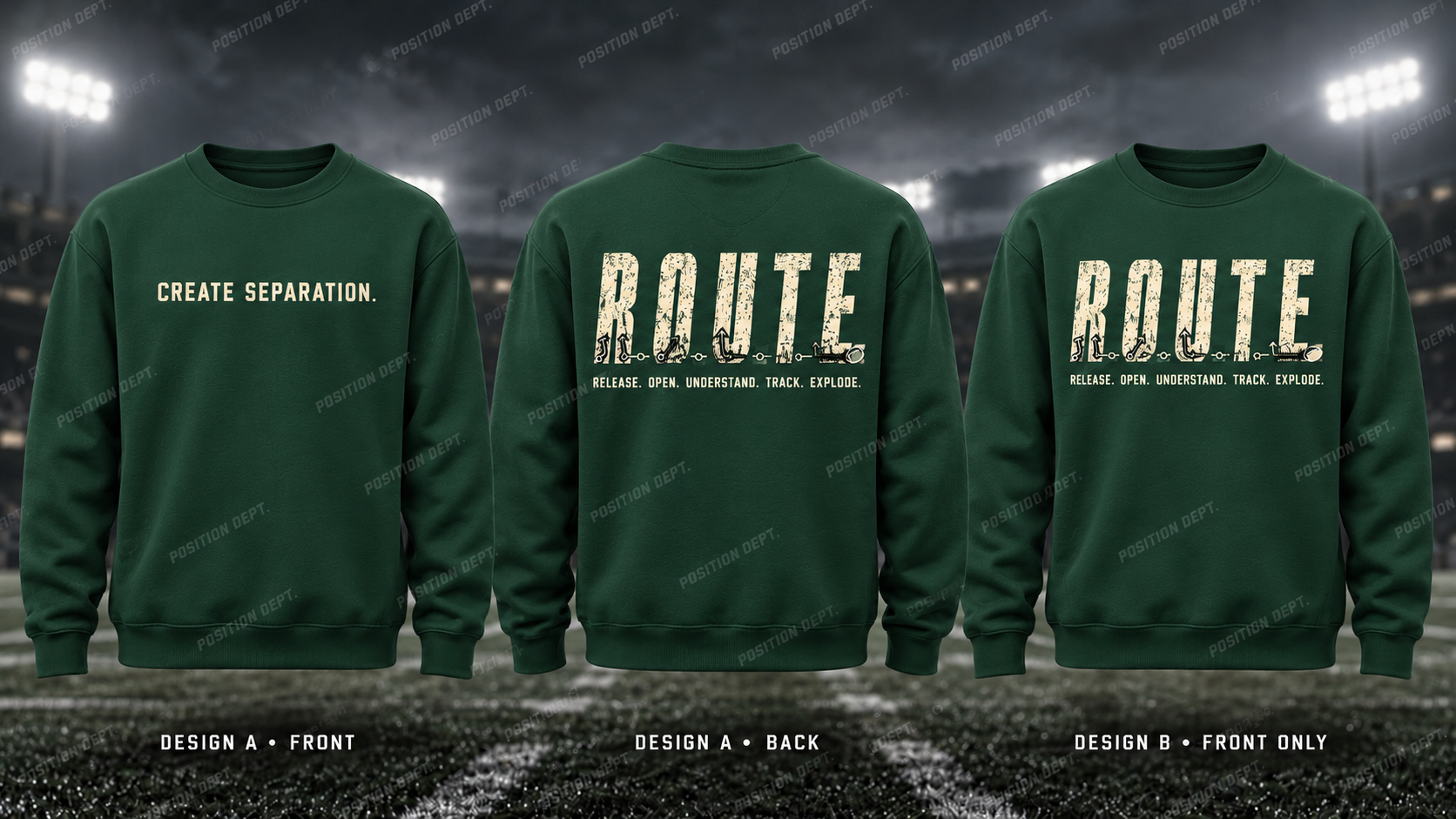R.O.U.T.E. football crewneck in Forest Green / Cream. Design A: slogan front, graphic back. Design B: graphic front, blank back. Position Dept.