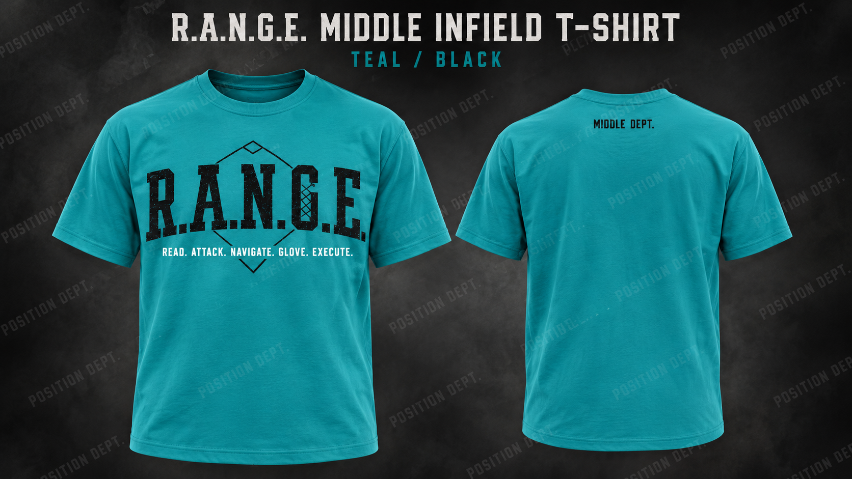 Position Dept. R.A.N.G.E. middle infield T-shirt in Teal / Black, front and back views, baseball and softball leisure wear.