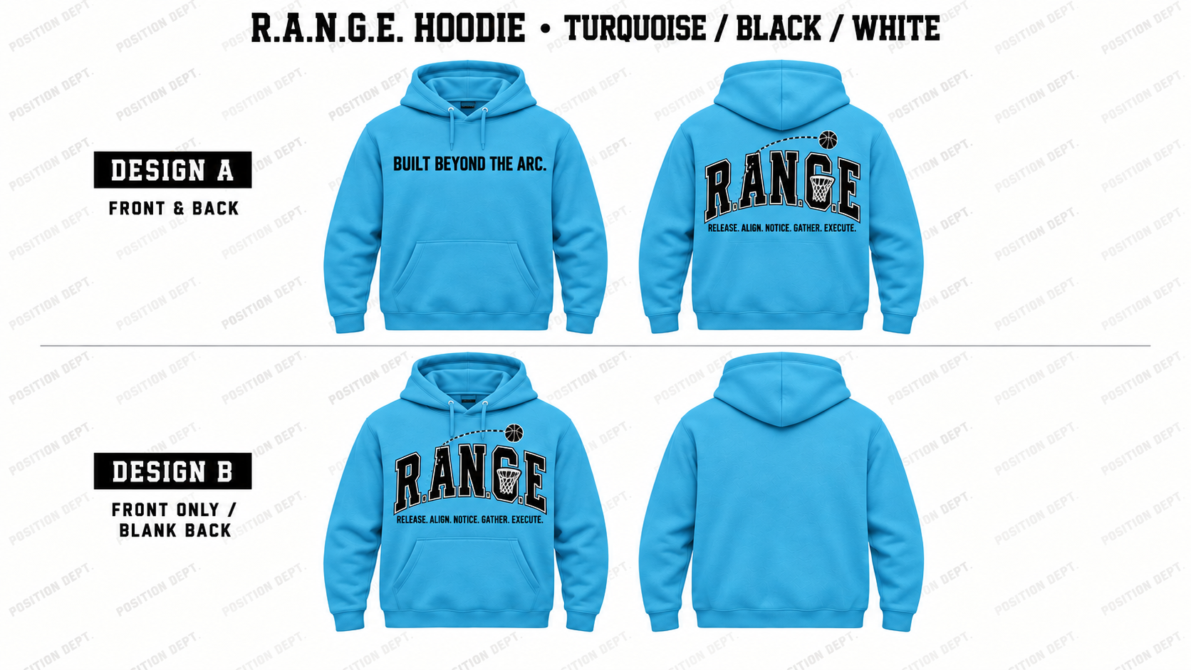Position Dept. R.A.N.G.E. basketball hoodie in Turquoise / Black / White, showing Front & Back and Front Only designs with basketball arc and net details.