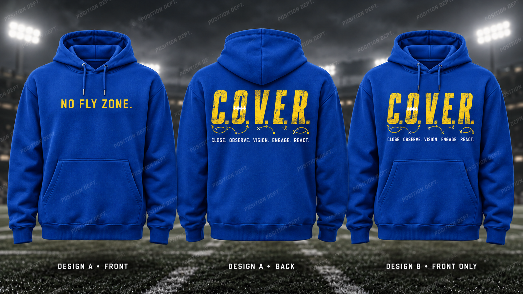 C.O.V.E.R. football hoodie in Royal Blue / Yellow, showing Design A slogan front and letter back, plus Design B front-only artwork.