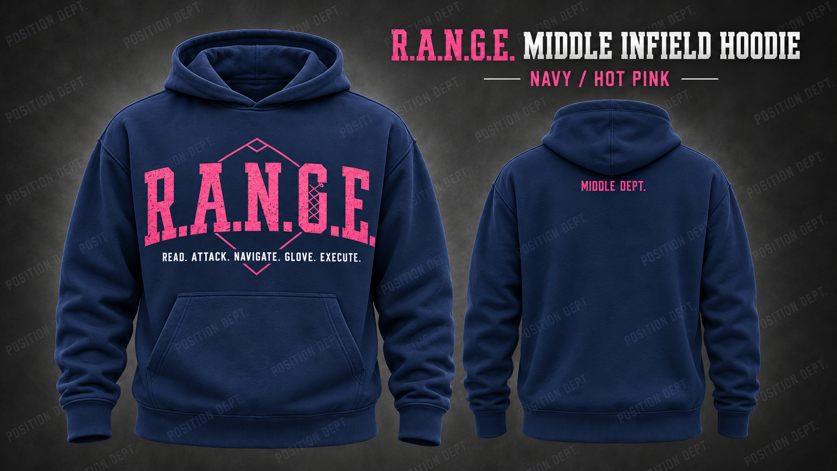 Position Dept. R.A.N.G.E. middle infield hoodie in Navy / Hot Pink, front and back views, baseball and softball leisure wear.