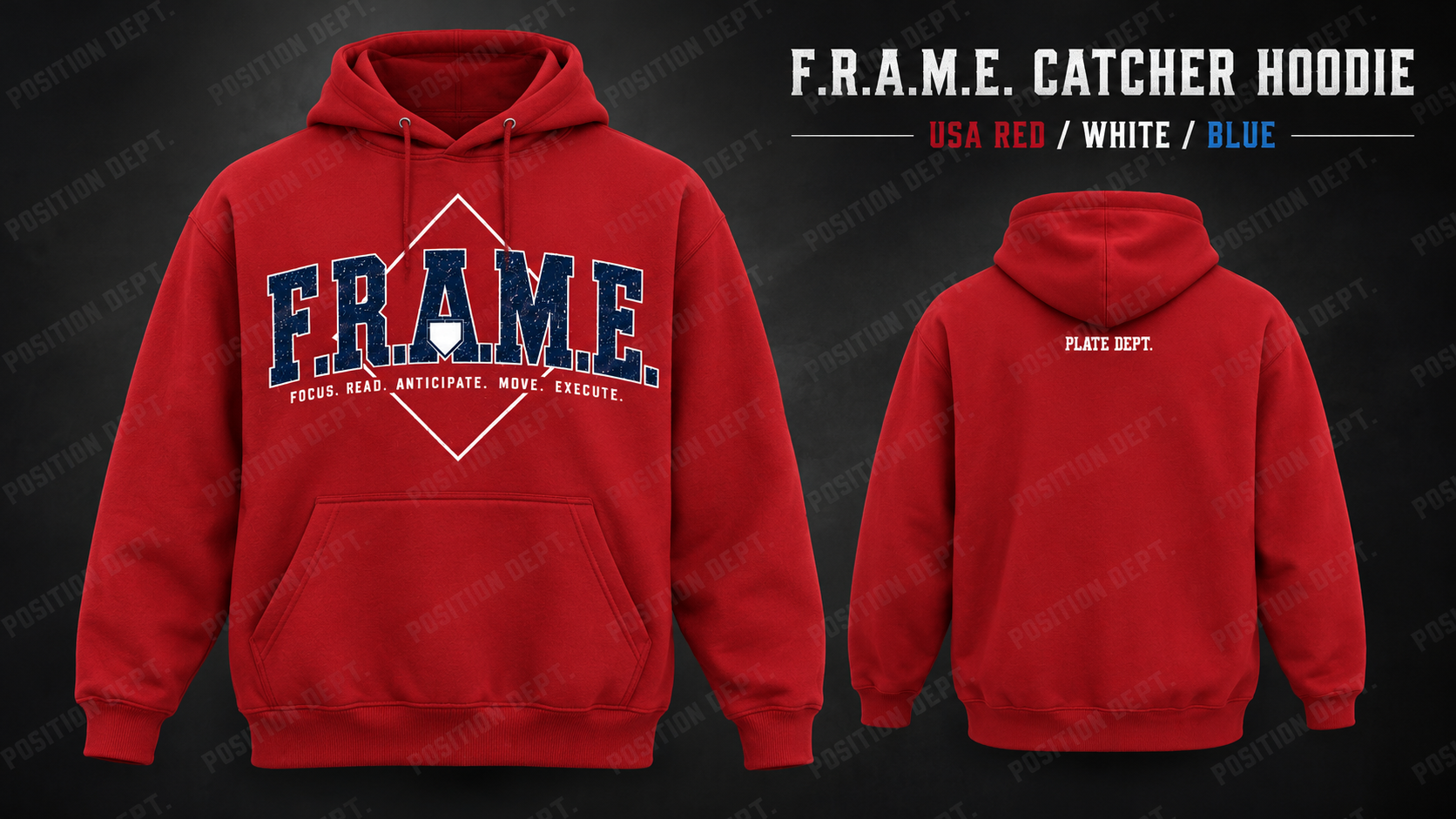 Position Dept. F.R.A.M.E. catcher hoodie in USA Red / White / Blue, front and back views, baseball and softball leisure wear.