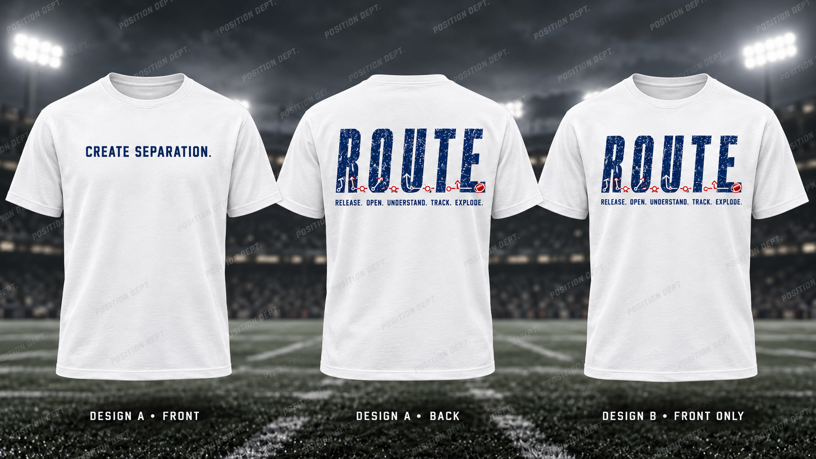 R.O.U.T.E. football T-shirt in USA Red / White / Blue. Design A slogan front and graphic back; Design B graphic front, blank back. Position Dept.