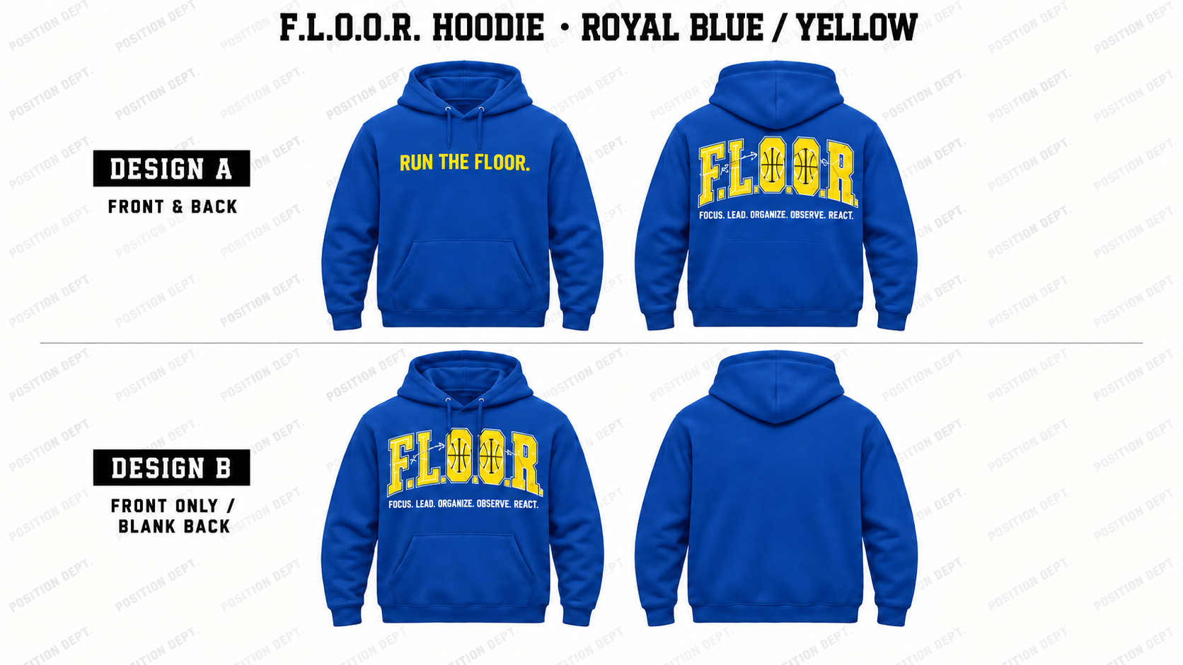 Position Dept. F.L.O.O.R. basketball hoodie in Royal Blue / Yellow, showing Front & Back and Front Only designs with basketball court and net details.