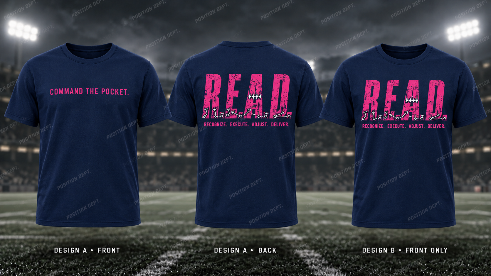 Position Dept. R.E.A.D. football T-shirt in Navy / Hot Pink. Design A slogan front and graphic back; Design B graphic front only with blank back.