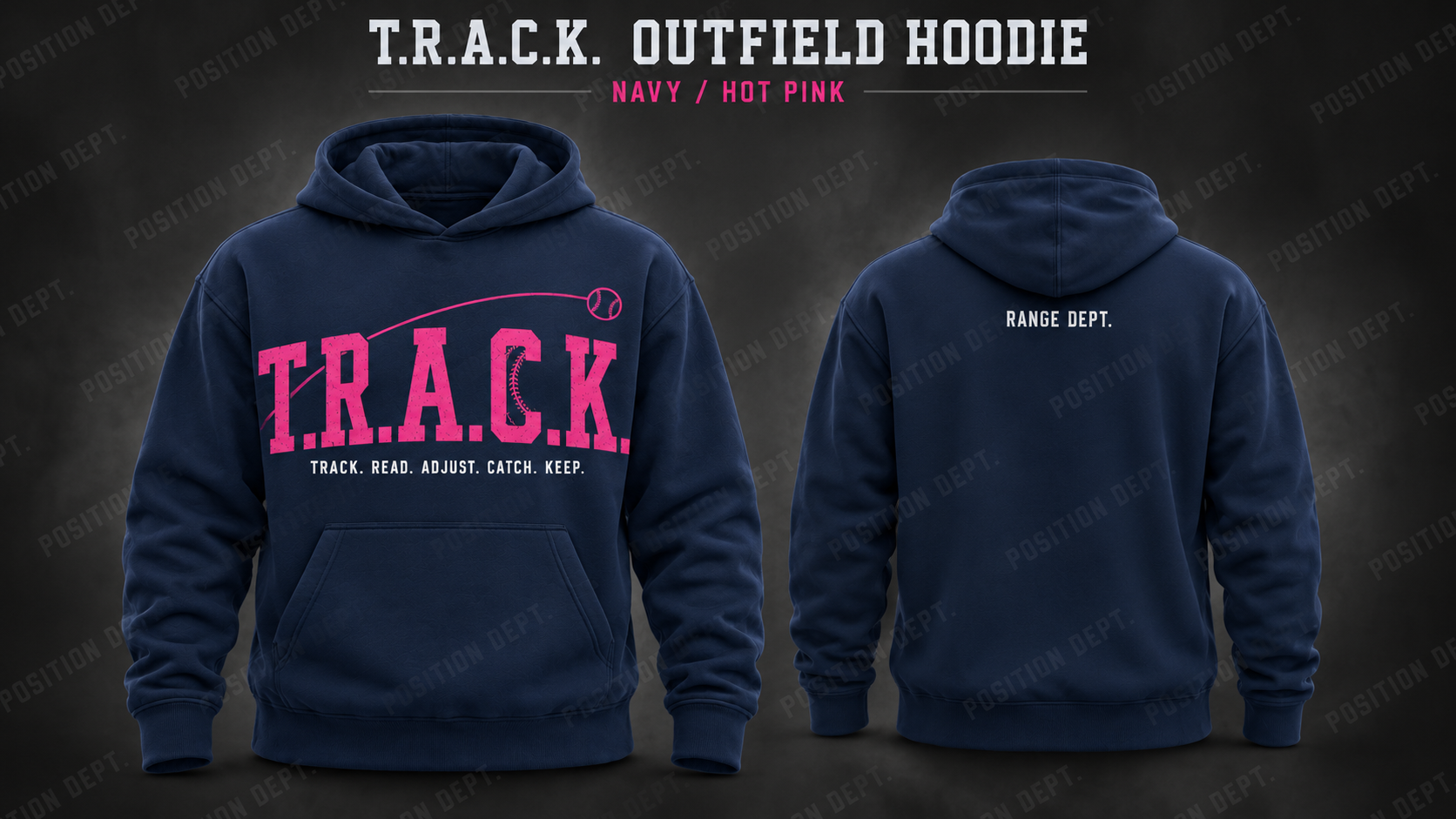 Position Dept. T.R.A.C.K. outfield hoodie in Navy / Hot Pink, front and back views, baseball and softball leisure wear.