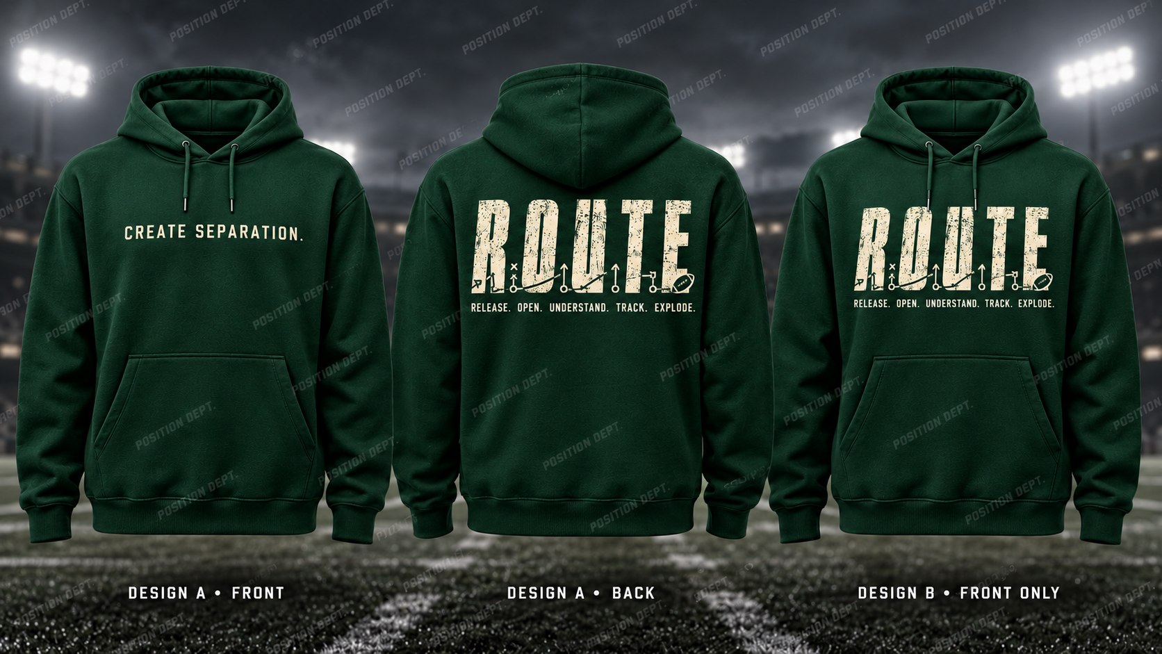 R.O.U.T.E. football hoodie in Forest Green / Cream, showing Design A slogan front and letter back, plus Design B front-only artwork.