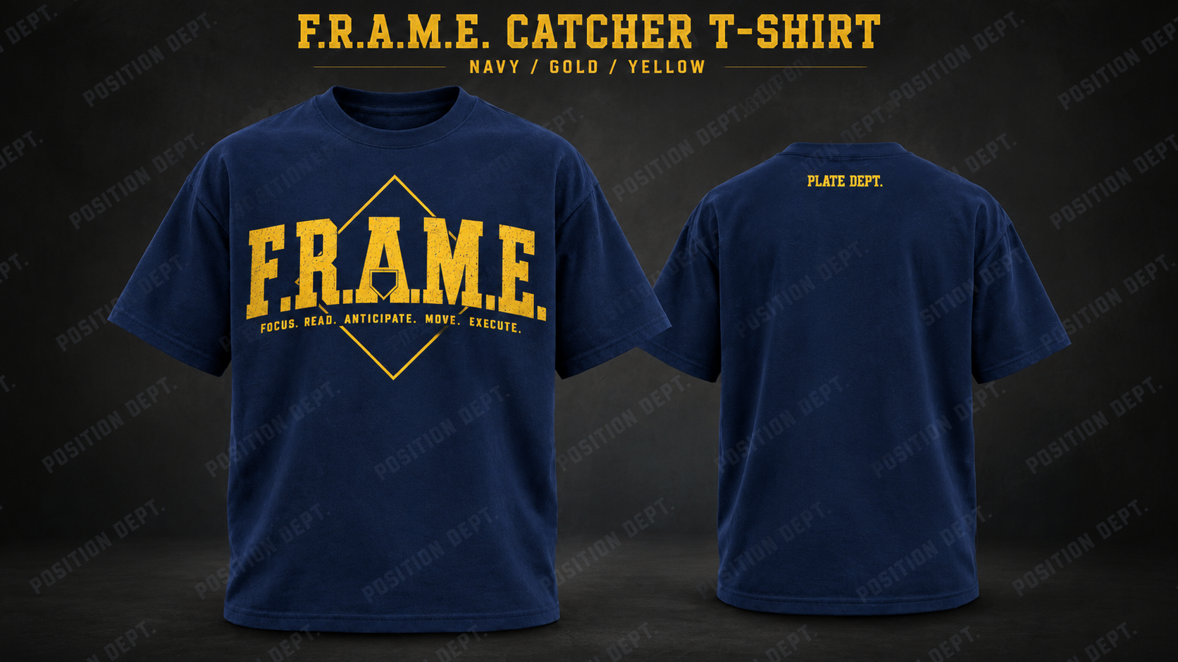 Position Dept. F.R.A.M.E. catcher T-shirt in Navy / Gold / Yellow, front and back views, baseball and softball leisure wear.