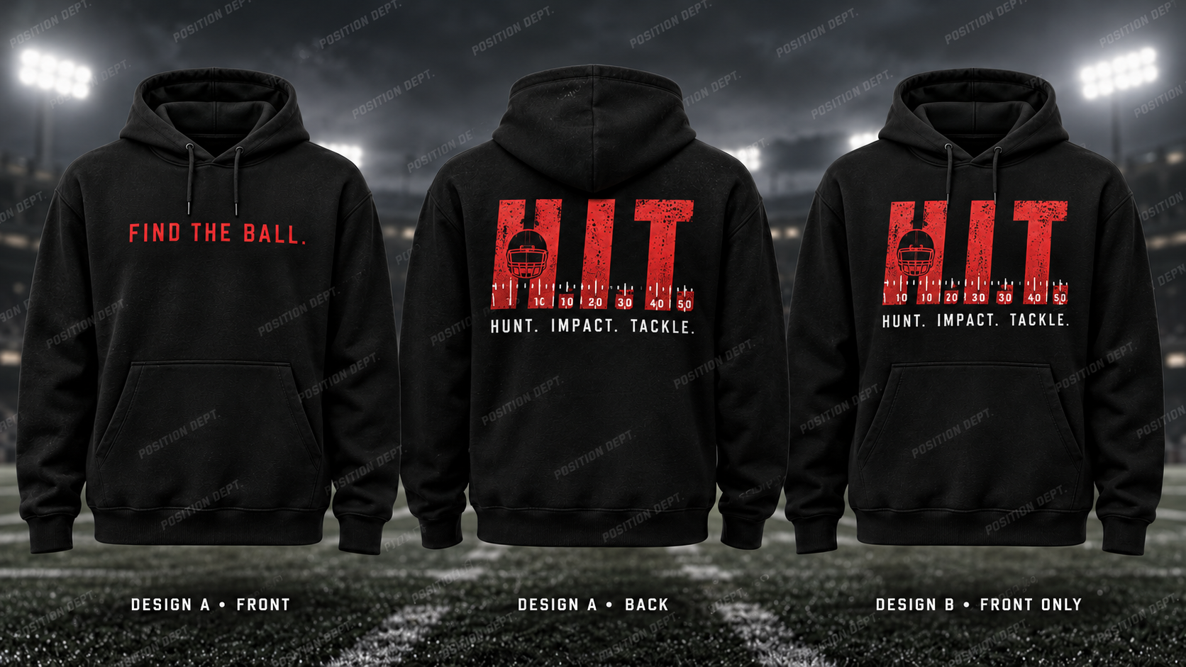 H.I.T. football hoodie in Black / Red, showing Design A slogan front and letter back, plus Design B front-only artwork.
