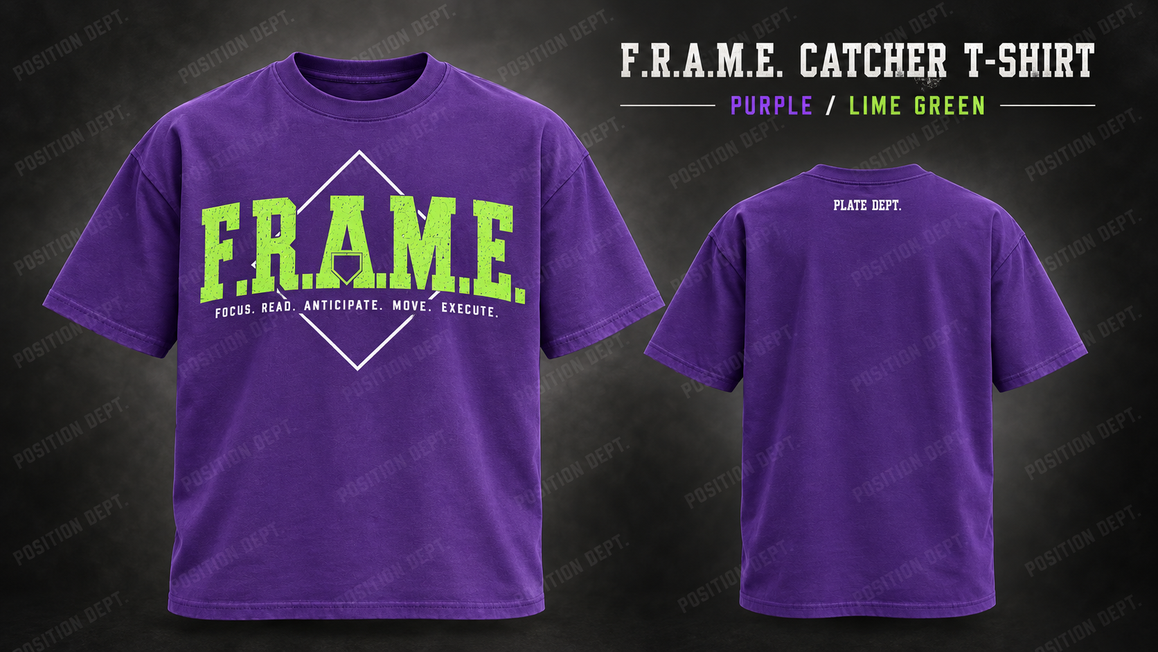 Position Dept. F.R.A.M.E. catcher T-shirt in Purple / Lime Green, front and back views, baseball and softball leisure wear.