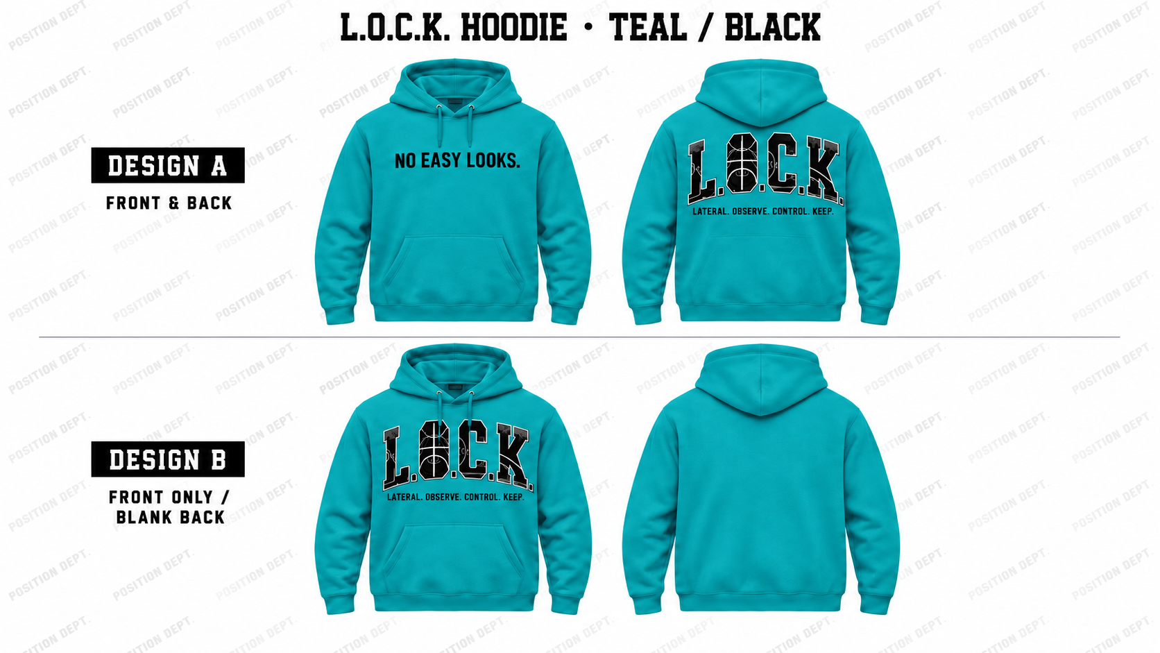 Position Dept. L.O.C.K. basketball hoodie in Teal / Black, showing Front & Back and Front Only designs with basketball court lettering.