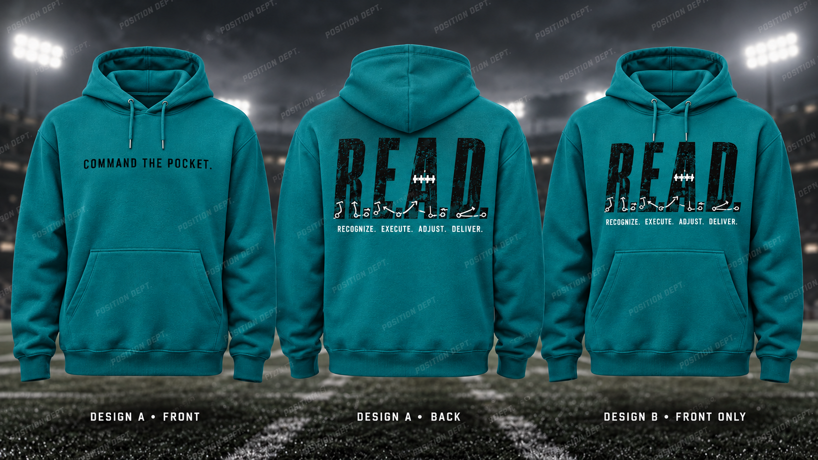 R.E.A.D. football hoodie in Teal / Black, showing Design A slogan front and letter back, plus Design B front-only artwork.