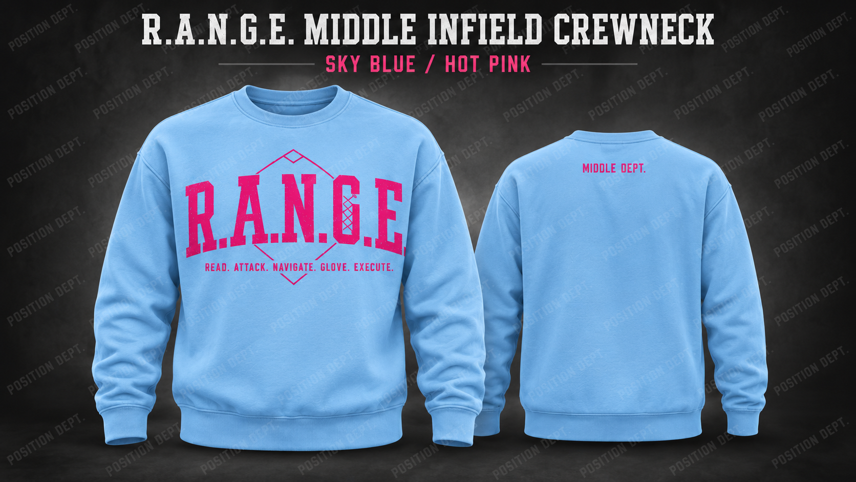 Position Dept. R.A.N.G.E. middle infield crewneck in Sky Blue / Hot Pink, front and back views, baseball and softball leisure wear.