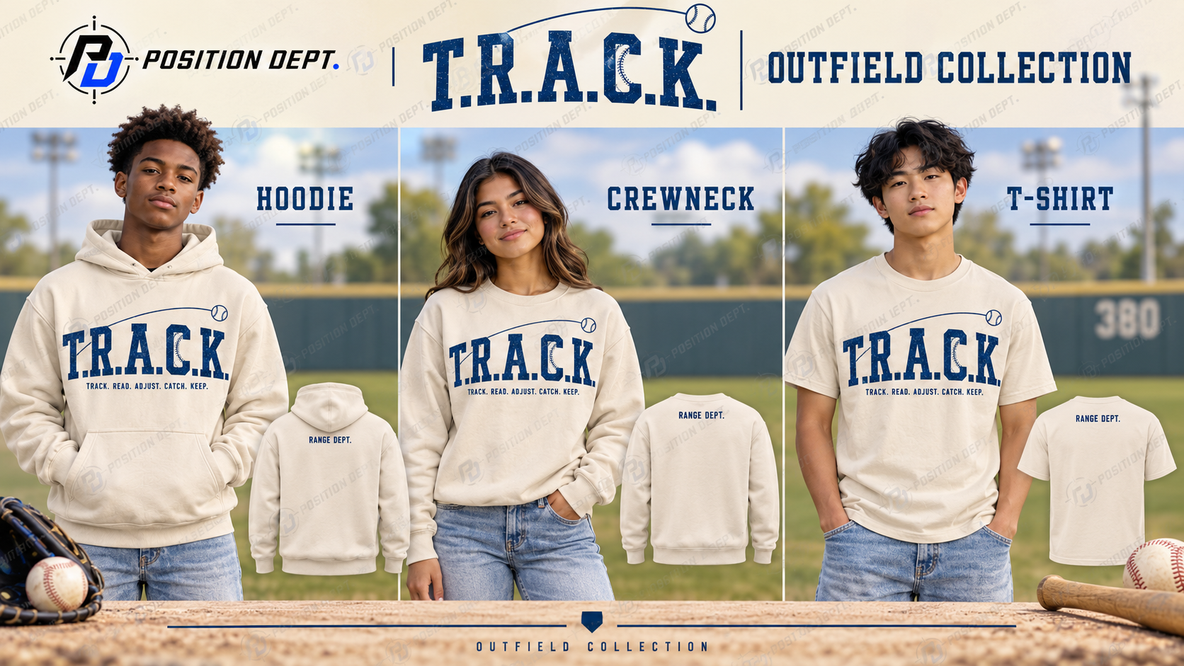 T.R.A.C.K. outfield baseball and softball collection: teen models in cream and Carolina blue leisure hoodies, crewnecks and T-shirts, with front and back views.