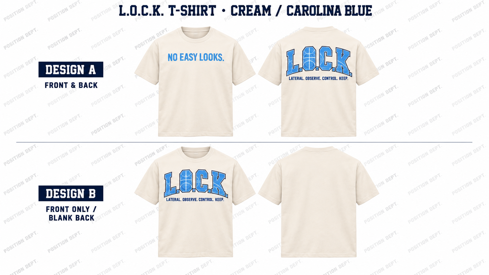 Position Dept. L.O.C.K. basketball T-shirt in Cream / Carolina Blue, Design A front and back and Design B front-only with blank back.