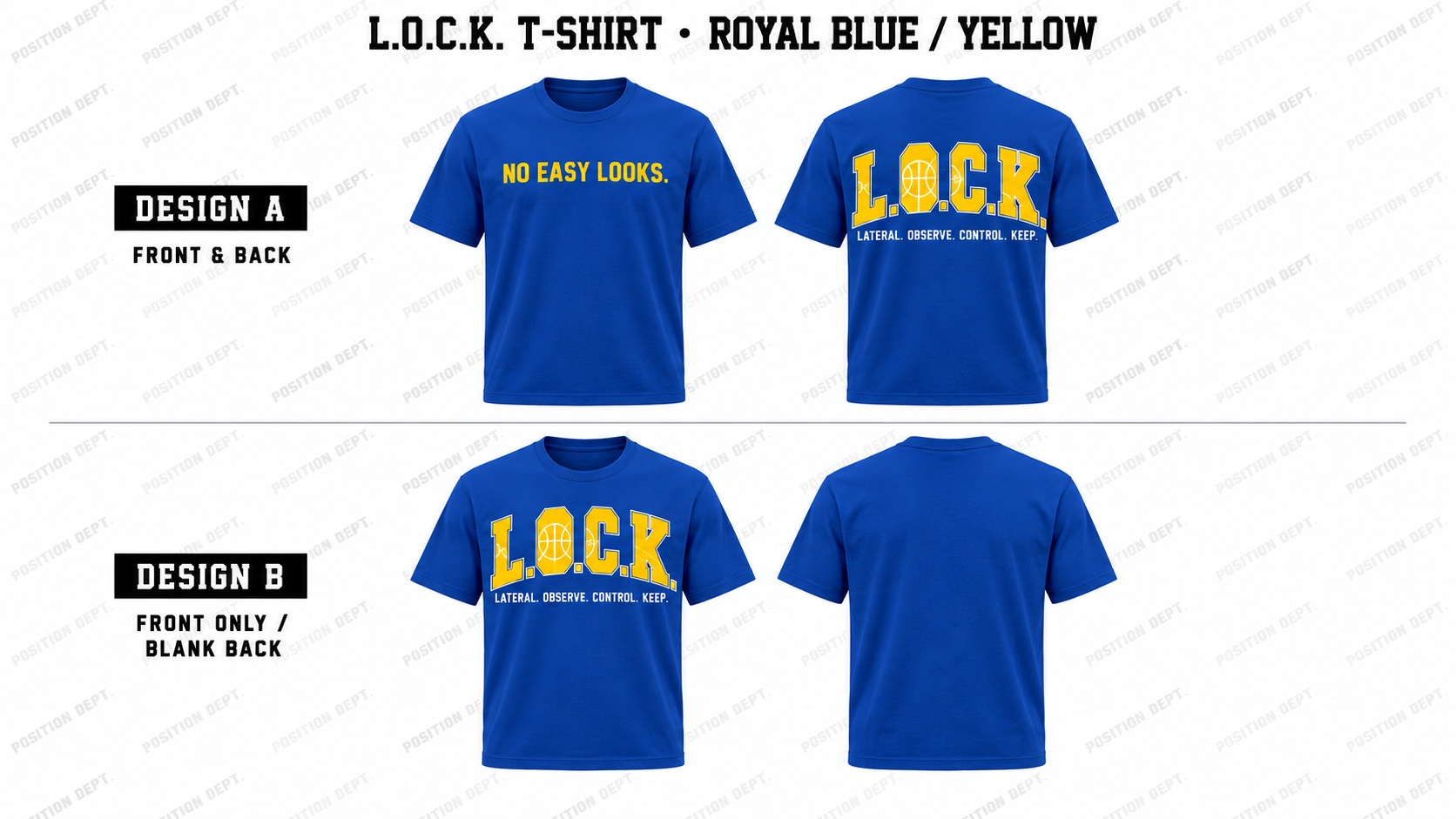 Position Dept. L.O.C.K. basketball T-shirt in Royal Blue / Yellow, Design A front and back and Design B front-only with blank back.