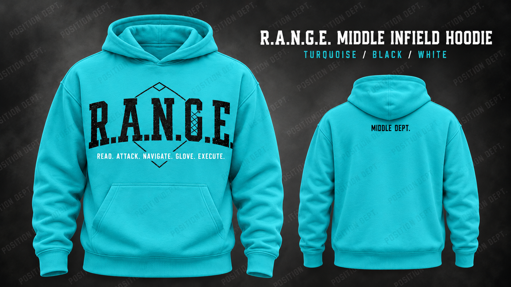Position Dept. R.A.N.G.E. middle infield hoodie in Turquoise / Black / White, front and back views, baseball and softball leisure wear.