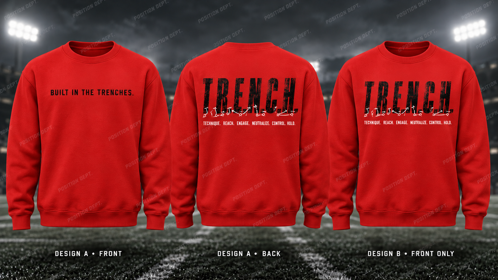 T.R.E.N.C.H. football crewneck in Red / Black. Design A slogan front and graphic back; Design B graphic front, blank back. Position Dept.