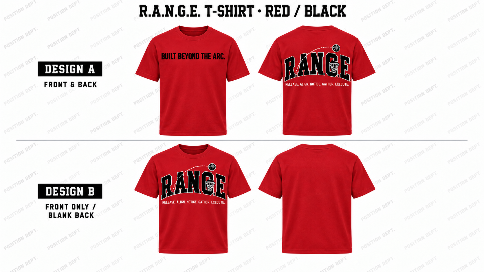 Position Dept. R.A.N.G.E. basketball T-shirt in Red / Black, Design A front and back and Design B front-only with blank back.