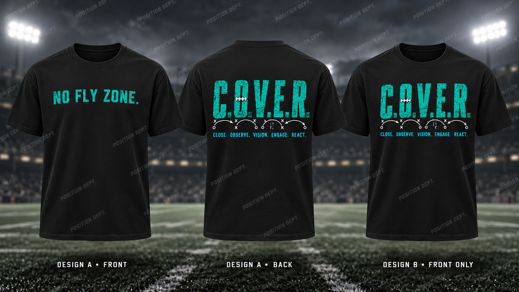 C.O.V.E.R. football T-shirt in Black / Teal. Design A slogan front and graphic back; Design B graphic front, blank back. Position Dept.