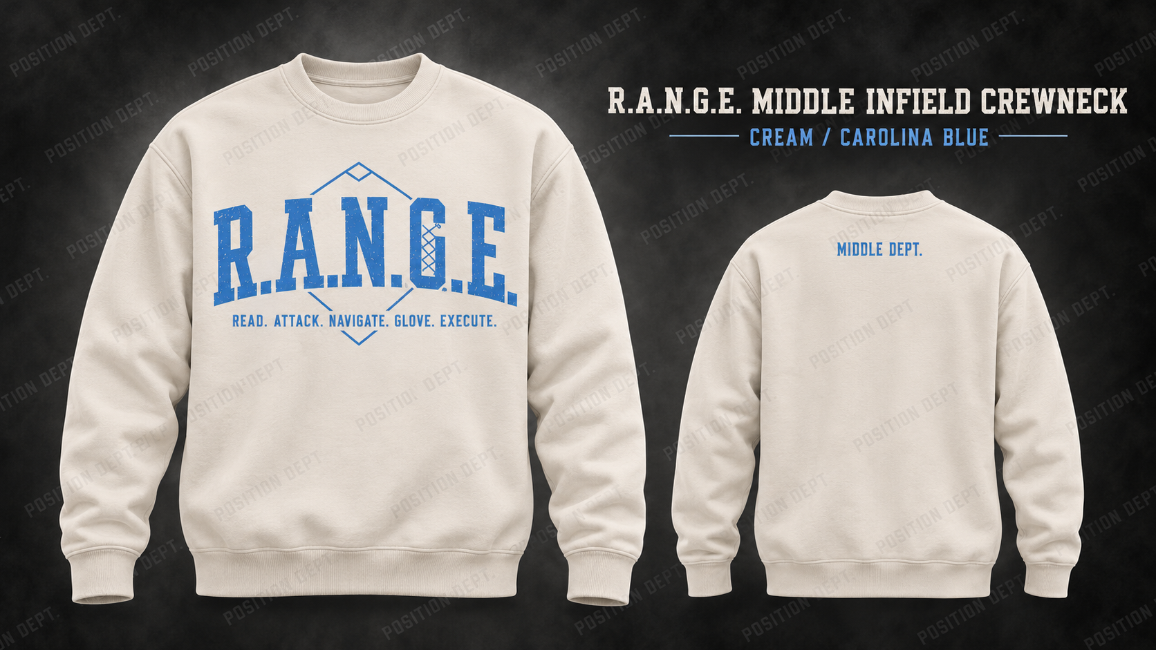 Position Dept. R.A.N.G.E. middle infield crewneck in Cream / Carolina Blue, front and back views, baseball and softball leisure wear.
