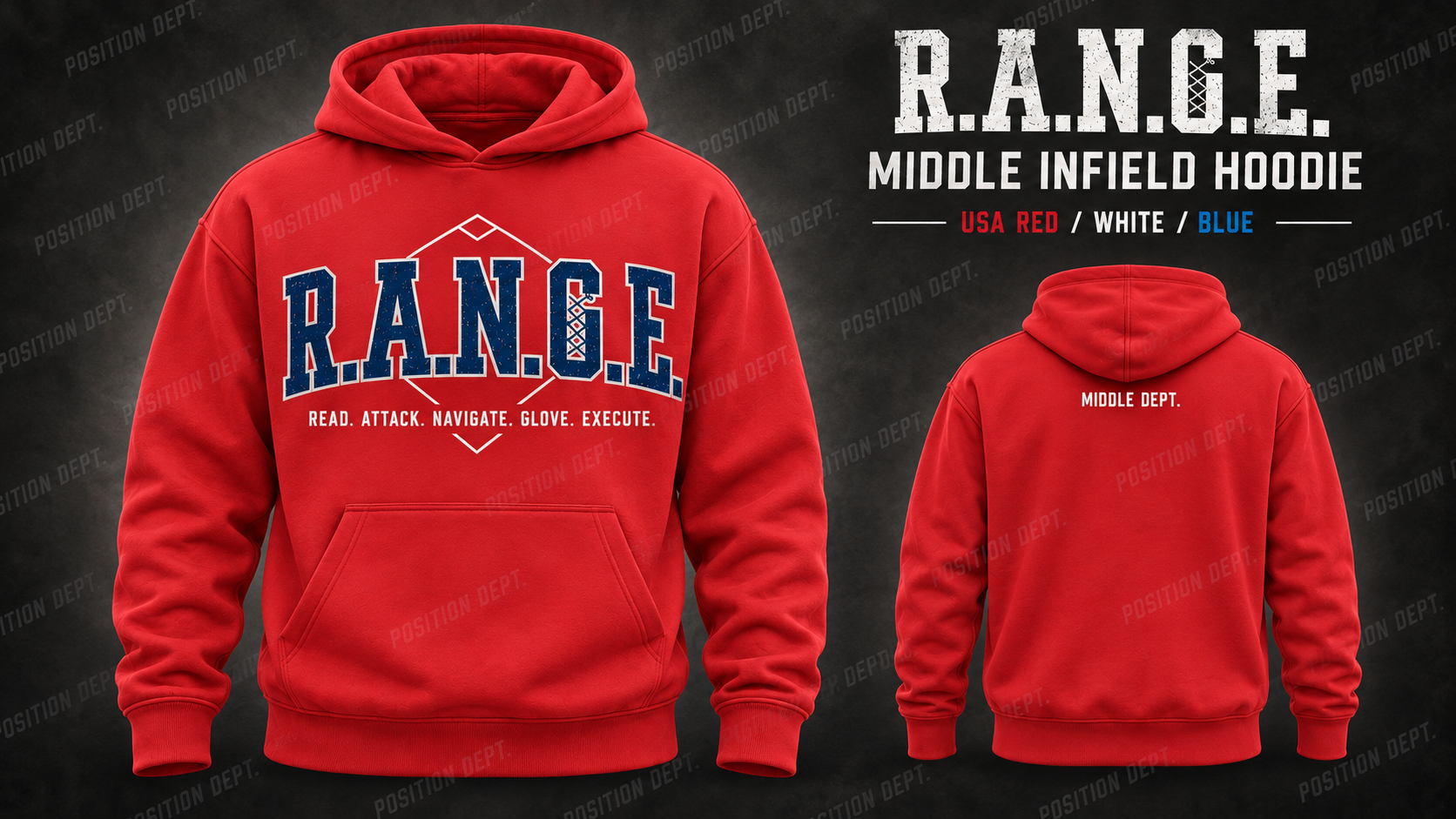 Position Dept. R.A.N.G.E. middle infield hoodie in USA Red / White / Blue, front and back views, baseball and softball leisure wear.
