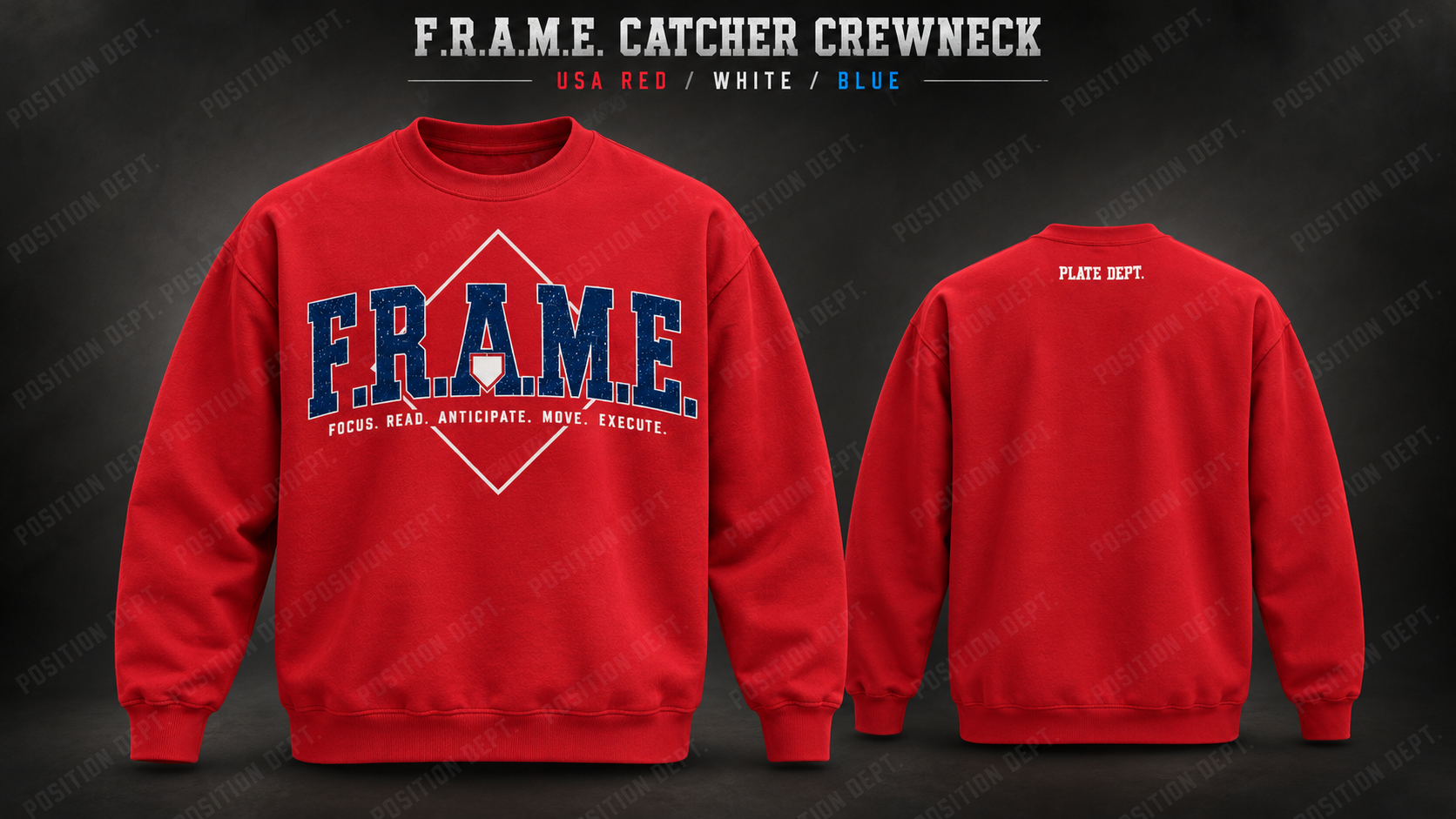 Position Dept. F.R.A.M.E. catcher crewneck in USA Red / White / Blue, front and back views, baseball and softball leisure wear.