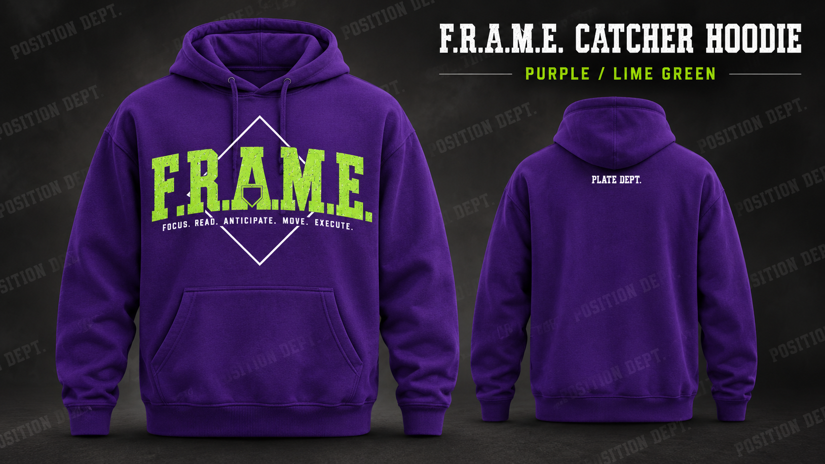 Position Dept. F.R.A.M.E. catcher hoodie in Purple / Lime Green, front and back views, baseball and softball leisure wear.