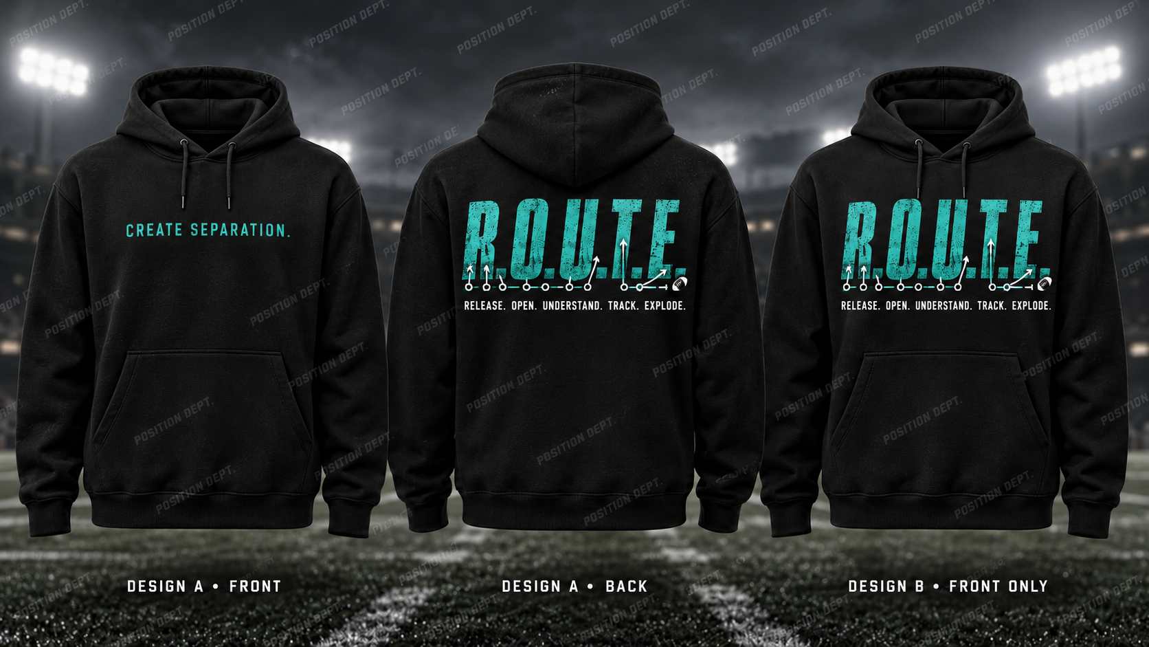 R.O.U.T.E. football hoodie in Black / Teal, showing Design A slogan front and letter back, plus Design B front-only artwork.