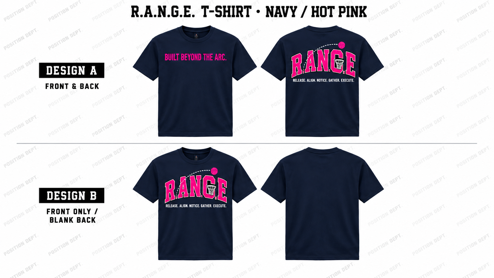 Position Dept. R.A.N.G.E. basketball T-shirt in Navy / Hot Pink, Design A front and back and Design B front-only with blank back.