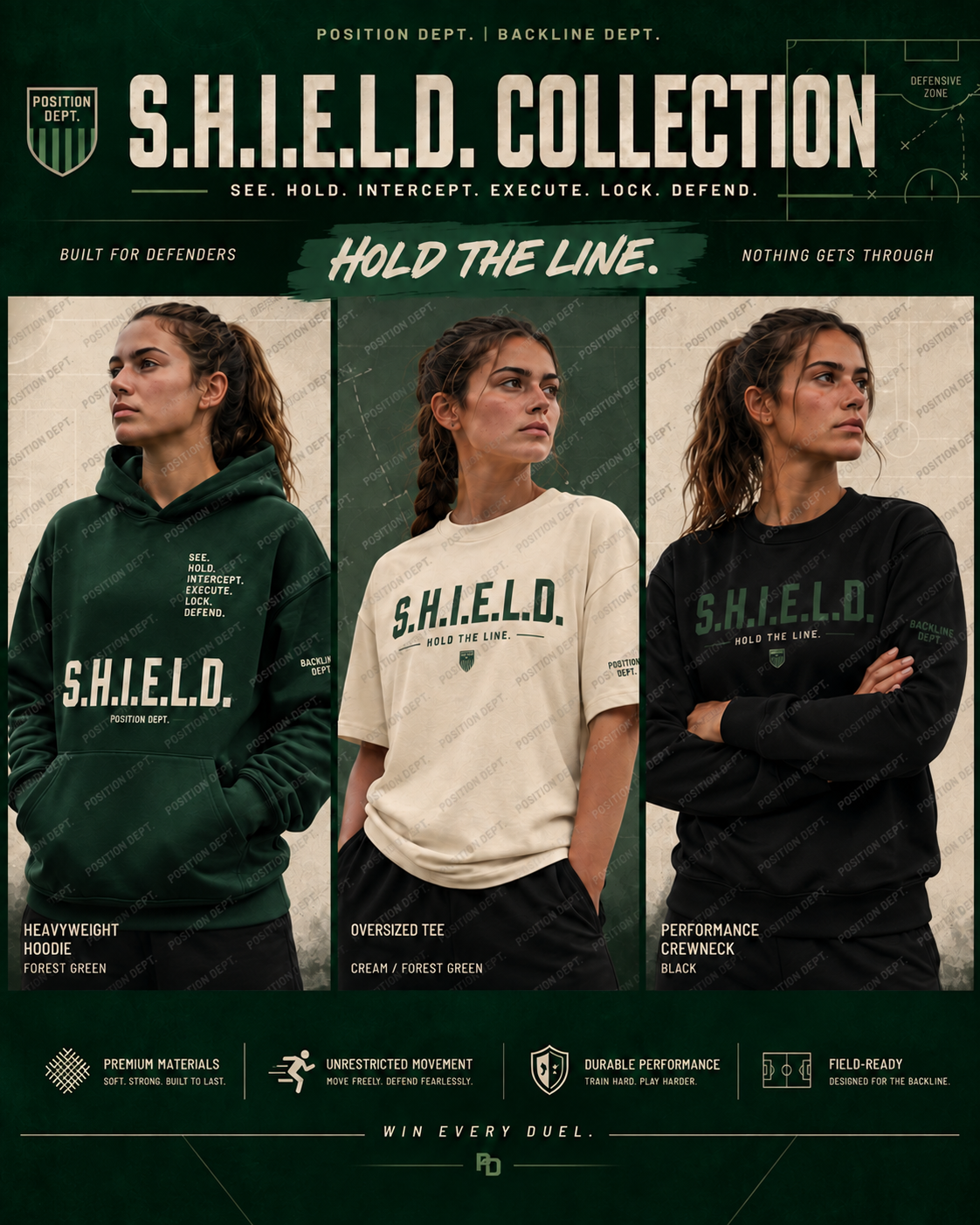 Classic S.H.I.E.L.D. defender apparel modeled by women: hoodie, T-shirt, and crewneck; watermarked Position Dept. preview.