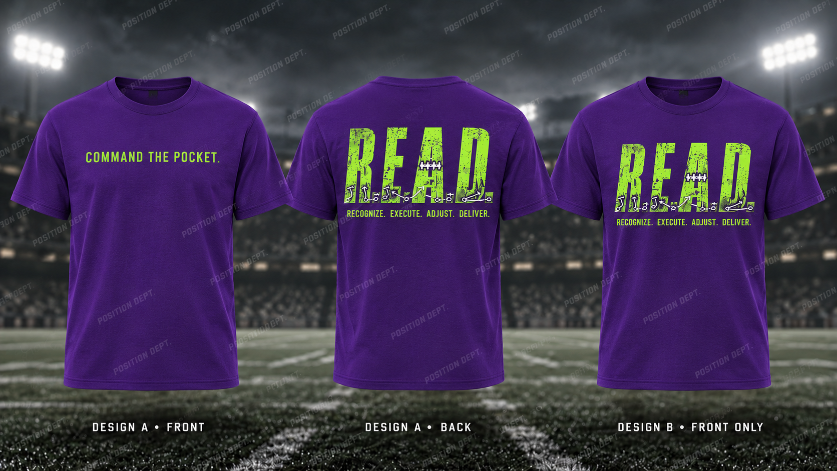 Position Dept. R.E.A.D. football T-shirt in Purple / Lime Green. Design A slogan front and graphic back; Design B graphic front only with blank back.