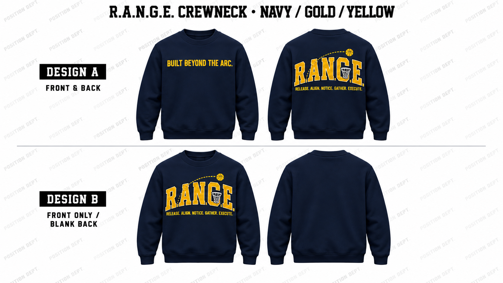 Position Dept. R.A.N.G.E. basketball crewneck in Navy / Gold / Yellow, Design A front and back and Design B front-only with blank back.