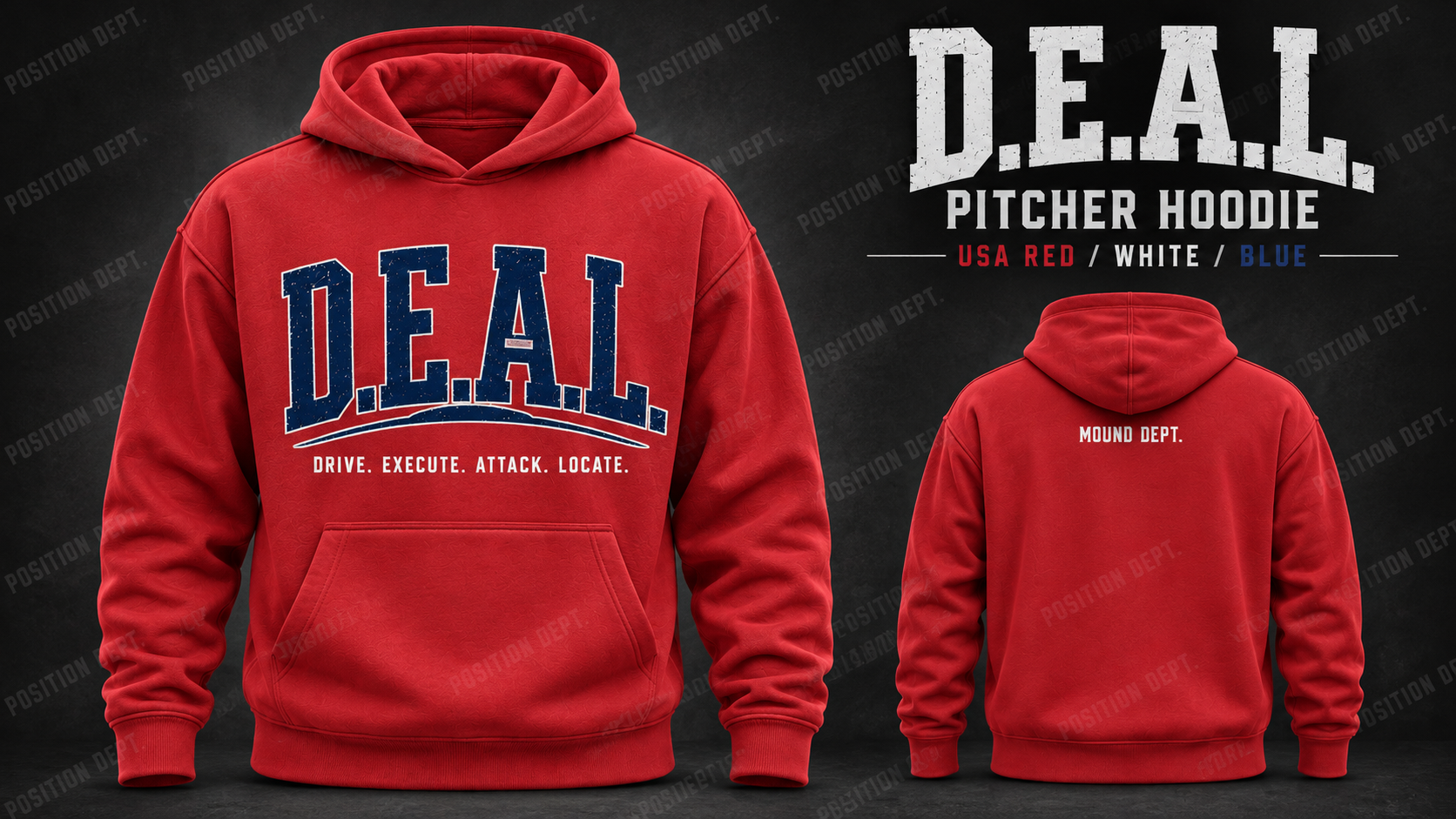 Position Dept. D.E.A.L. pitcher hoodie in USA Red / White / Blue, front and back views, baseball and softball leisure wear.