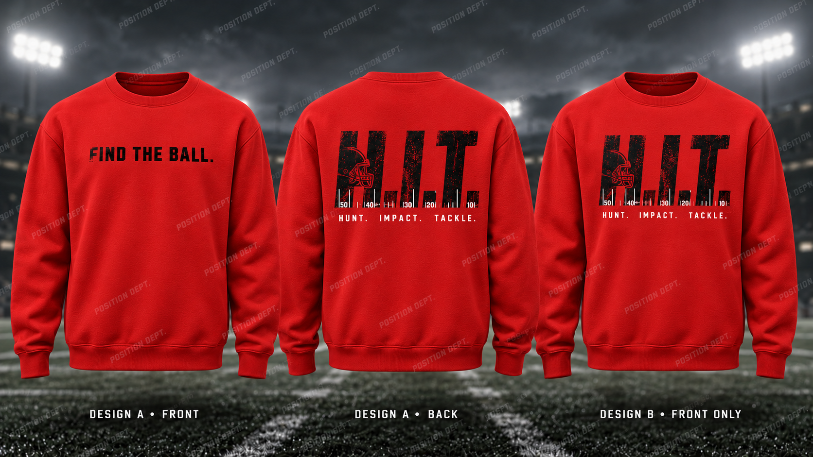 H.I.T. football crewneck in Red / Black. Design A slogan front and graphic back; Design B graphic front, blank back. Position Dept.