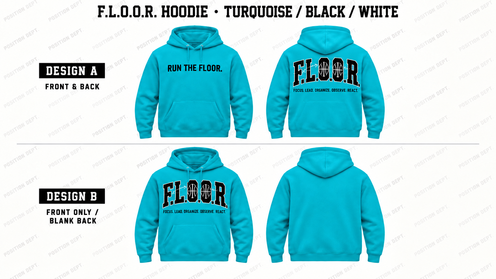 Position Dept. F.L.O.O.R. basketball hoodie in Turquoise / Black / White, showing Front & Back and Front Only designs with basketball court and net details.
