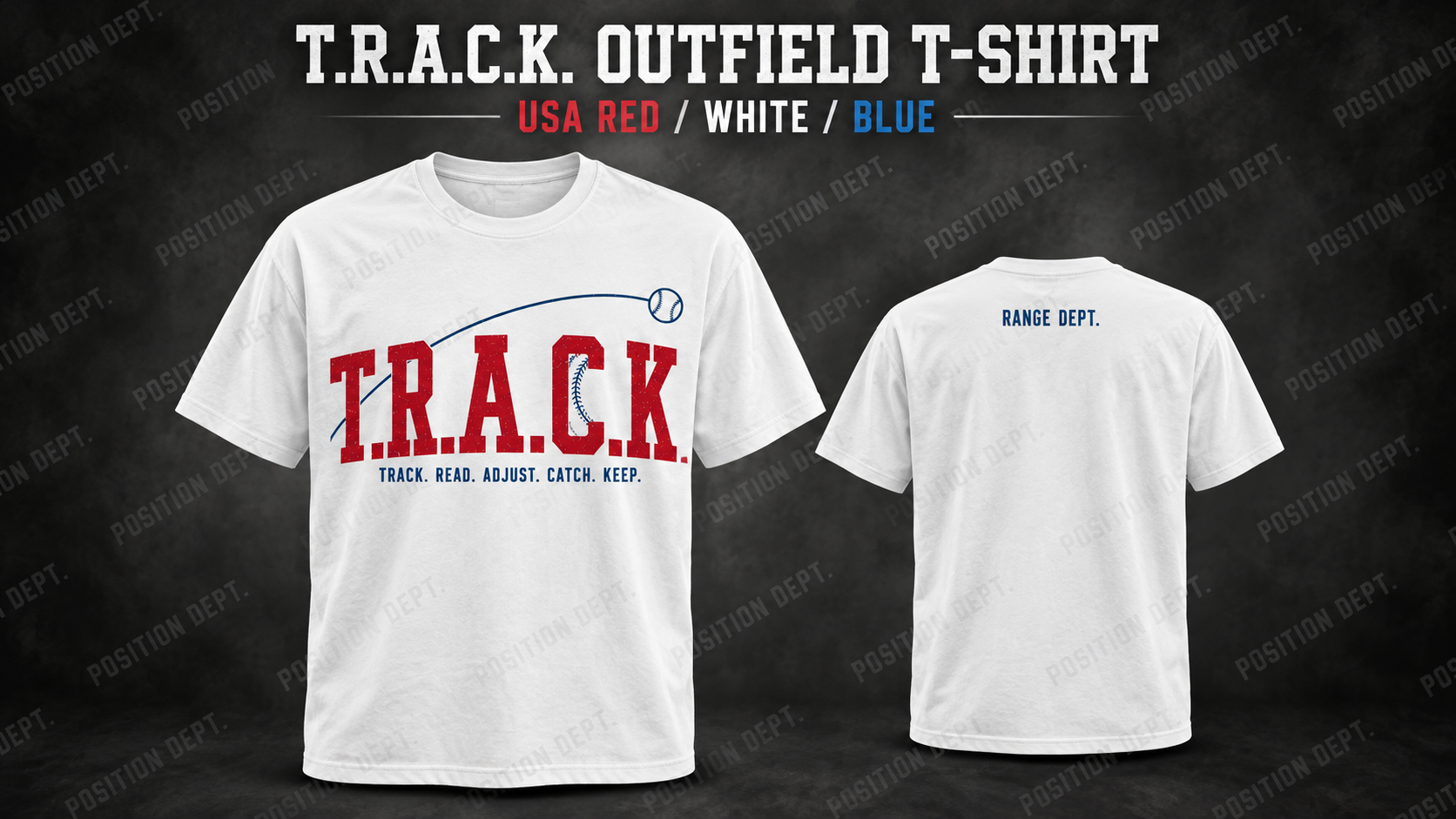 Position Dept. T.R.A.C.K. outfield T-shirt in USA Red / White / Blue, front and back views, baseball and softball leisure wear.