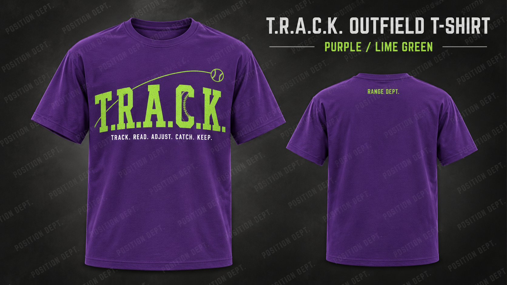 Position Dept. T.R.A.C.K. outfield T-shirt in Purple / Lime Green, front and back views, baseball and softball leisure wear.