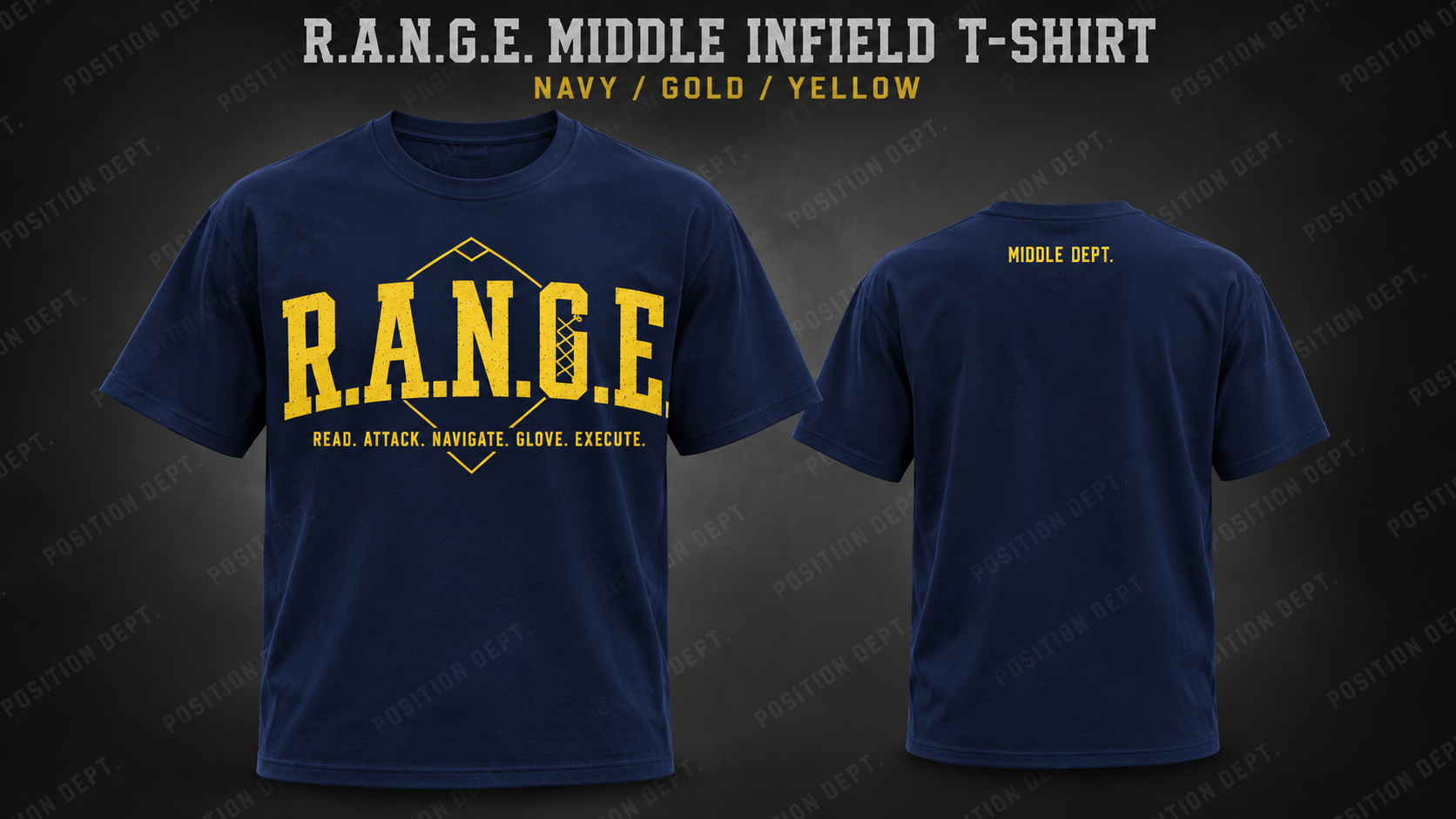 Position Dept. R.A.N.G.E. middle infield T-shirt in Navy / Gold / Yellow, front and back views, baseball and softball leisure wear.