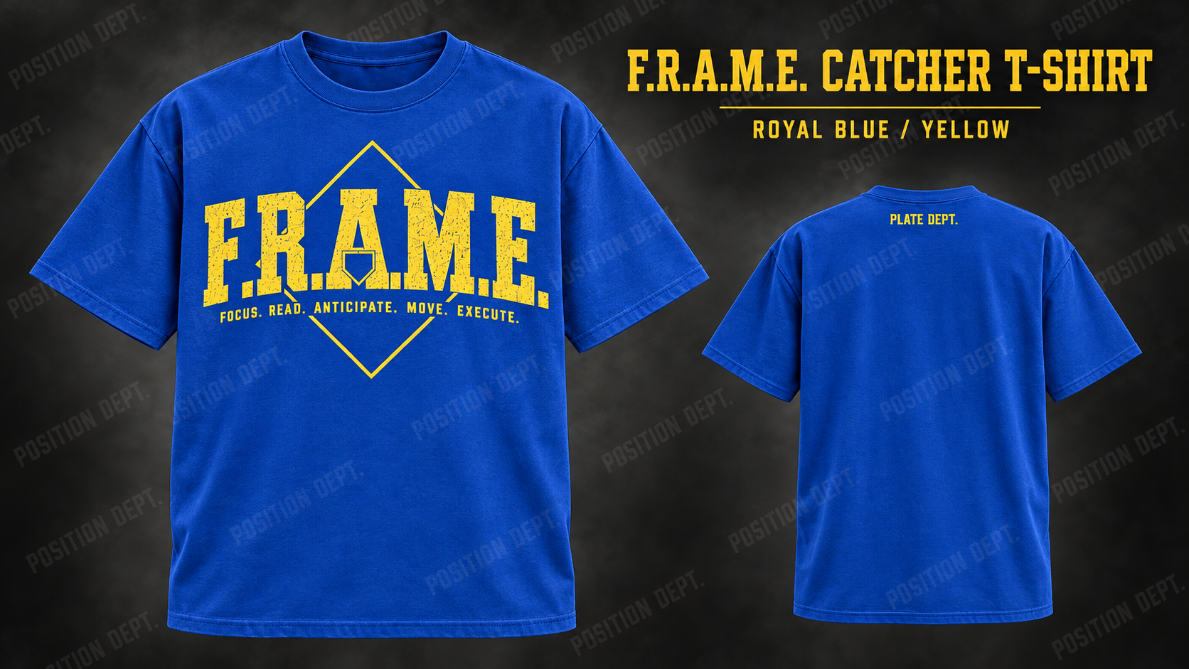Position Dept. F.R.A.M.E. catcher T-shirt in Royal Blue / Yellow, front and back views, baseball and softball leisure wear.