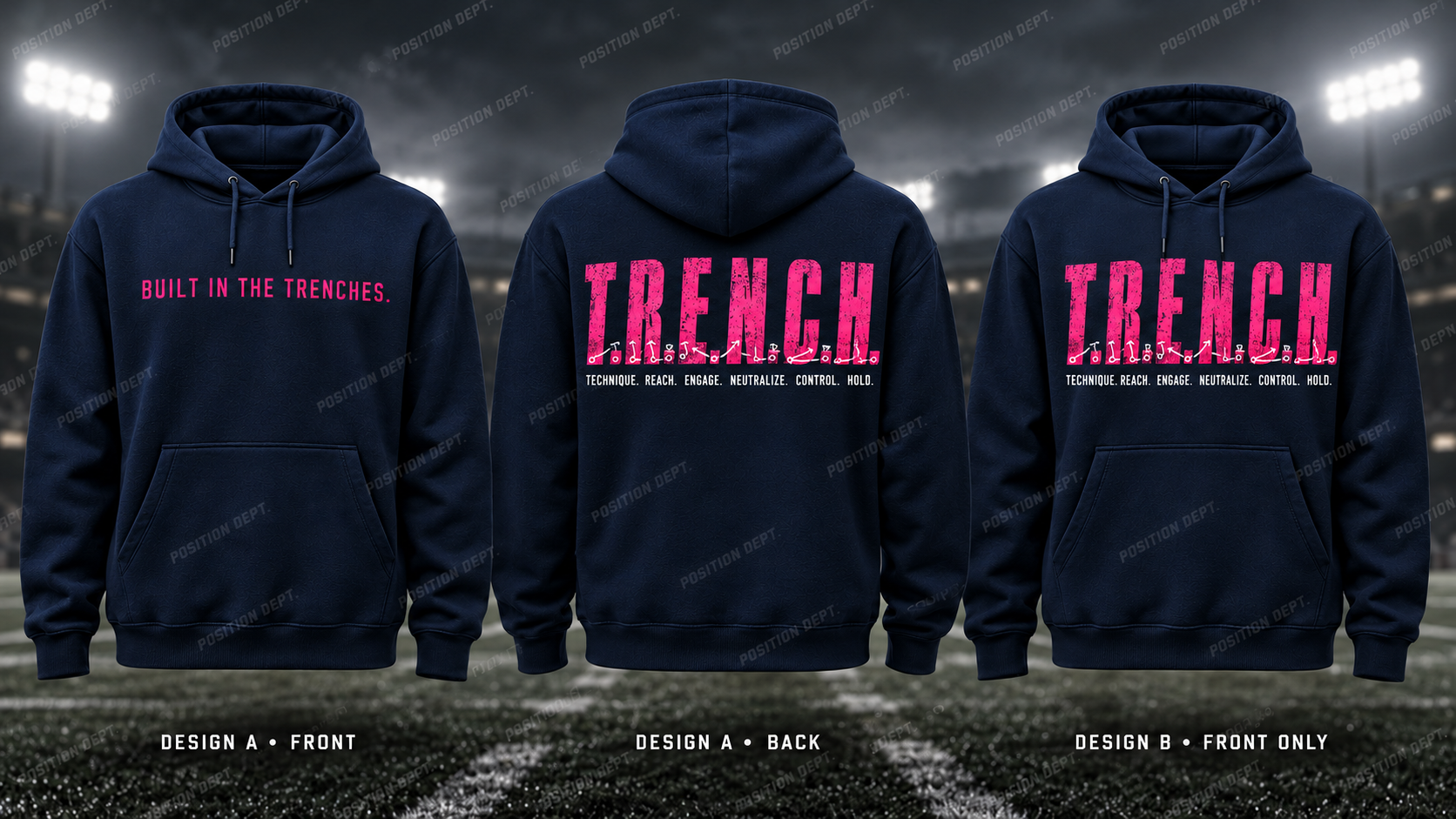 T.R.E.N.C.H. football hoodie in Navy / Hot Pink, showing Design A slogan front and letter back, plus Design B front-only artwork.